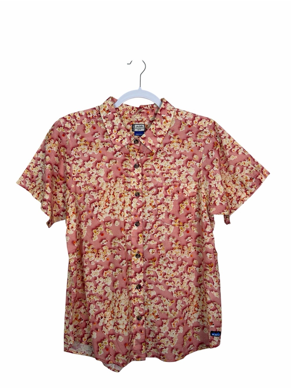 KAVU Women’s Medium Pink Floral Button-Up Shirt 100% Cotton Outdoor Boho